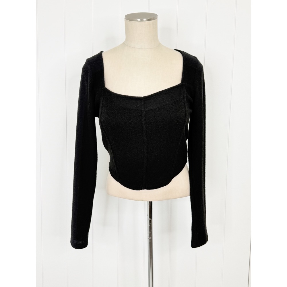 Lush Womens L Black Corset Sweater Top Long Sleeve Square Neck Bustier Y2K
